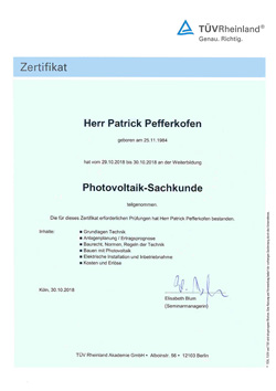 Zertifikat Photovoltaik Sachkunde